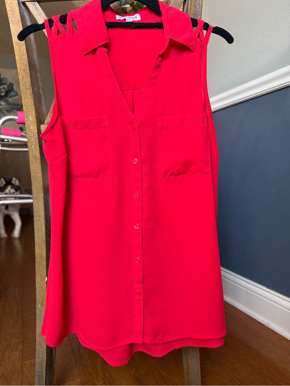 Express Bright Red Sleeveless Button-Down Shirt